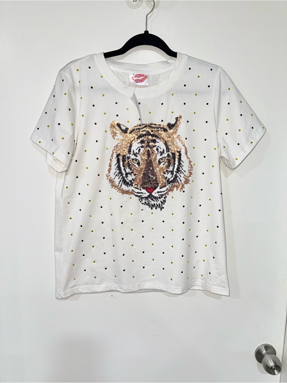 Sparkle City - White, Short Sleeve Tee with Sequined Tiger Graphic